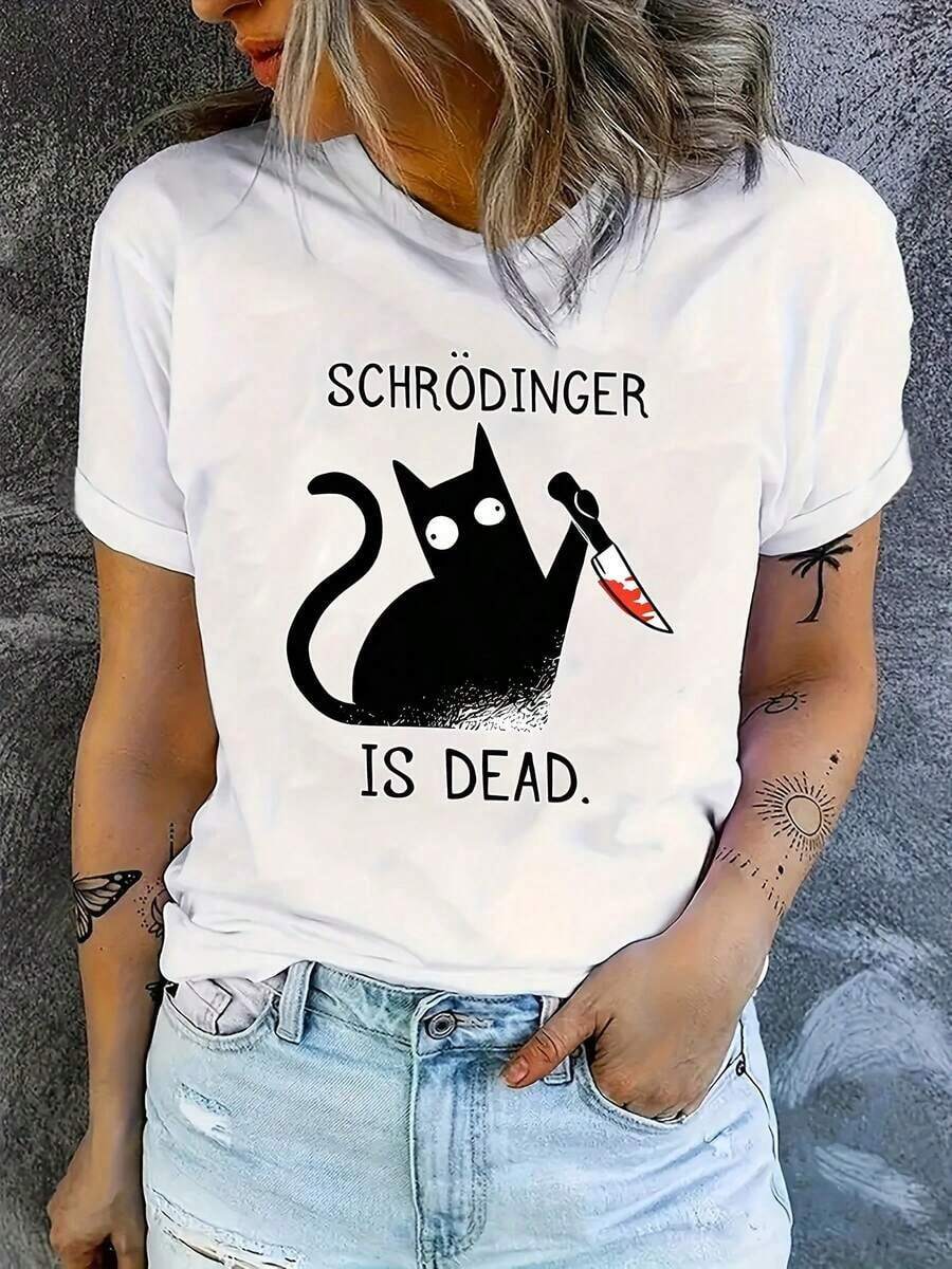 Moderna, minimalista, creativa y con un toque de humor, esta camiseta casual de manga corta para mujer presenta un diseño de un gato negro con un cuchillo. Es cómoda de llevar y tiene cuello redondo. Fabricada con tela, es ideal para el uso diario. - Blanco - Ver 1