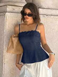 Camiseta de tirantes plisada de unicolor, versátil para uso casual o salidas nocturnas - Azul marino - Ver 6