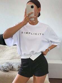1 pieza Camiseta de manga corta con cuello redondo y estampado de letras, corte holgado, SIMPLICITY, Verano, 180g, 100% Algodón - Blanco - Ver 4