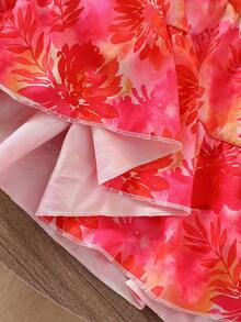 Vestido camisola con estampado tie-dye para niñas, camisola con volantes y lazo rosa, vestido suelto de línea A con tres capas de volantes - Naranja Coral - Ver 9