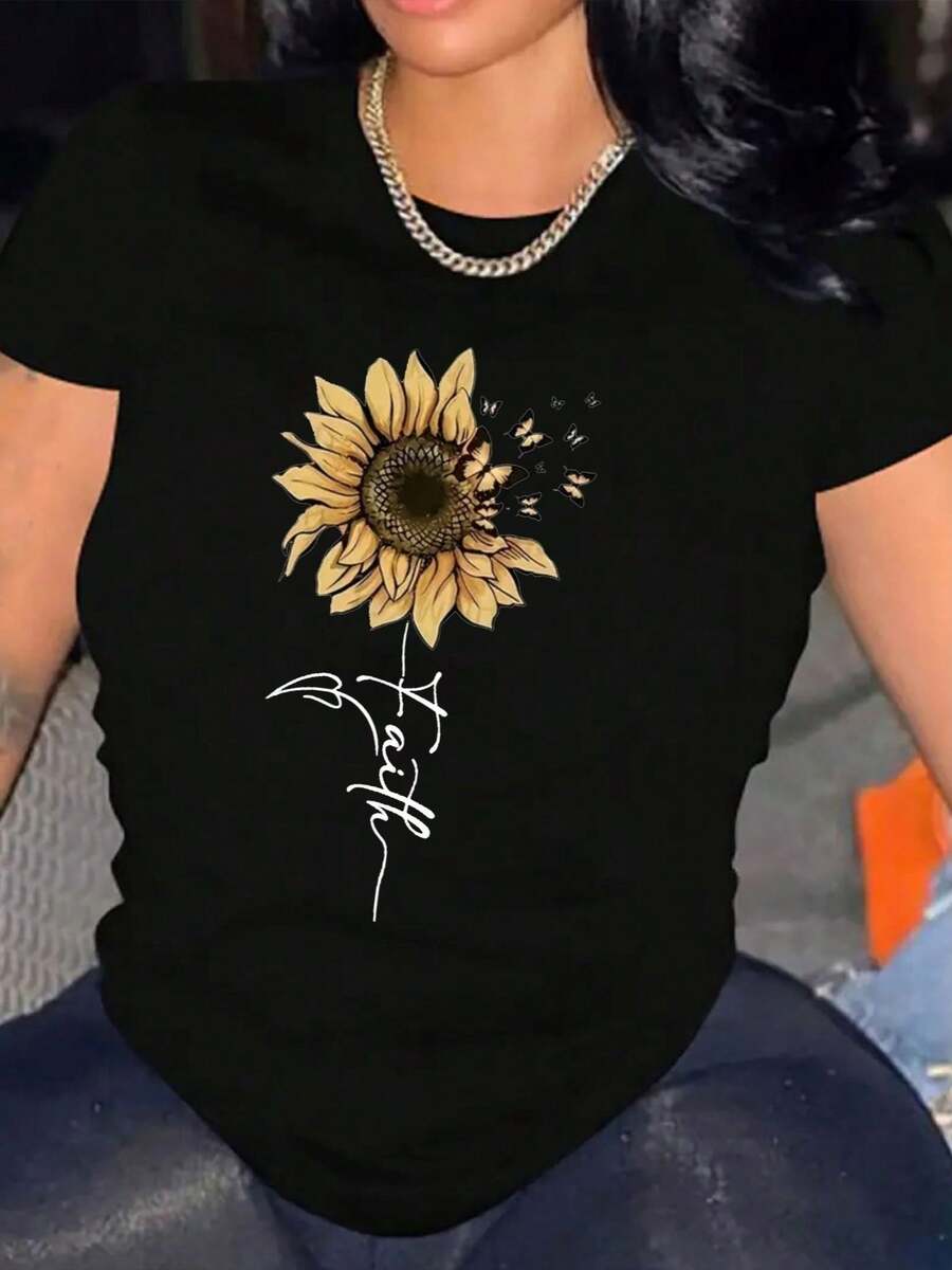 Flower Womens TShirt Comfortable Crew Neck Casual Cotton Blend ShortSleeves Soft Breathable Top Womenswear Tshirt Summer Spring Streetwear Fabric - 黑色 - 查看 1