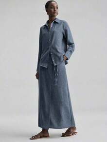 Ontre 2026SS New Summer Women's 2-Piece Set, Woven Fabric, Comfortable Woven Material, Button Design Shirt And Side Tie Waist Skirt, Women's Shirt, Women's Skirt, Independence Day, Urban Chic, Minimalist Fashion Commuter, Wedding Guest Attire, Holiday Outfit, Women's Office Wear, Minimalist Elegant, Teacher's Outfit, Tea Party Casual, Loose Daily Women's Bestseller Solid Color, Back To School Light Vacation Style, Everyday Wear, Fashionable Versatile Women's 2-Piece Set - 藍色 - 查看 2