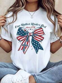 Patriotic T-Shirt With American Flag, Bow And Cross, "One Nation Under God Since 1776" For Independence Day And Fourth Of July Celebration, For Women, Men And Unisex, Casual Wear, 220g - 白色的 - 查看 1