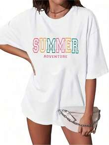 Women's Summer T-Shirt With Floral Embroidery, Casual Round Neck And Short Sleeves, Knitted Fabric, Regular Fit, Summer Beach Shirt For Women - 白色的 - 查看 1