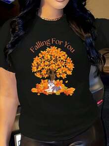New Casual Summer T-Shirt With Husky Design, Autumn T-Shirt, Falling For You T-Shirt, Unisex Top, Autumn Clothes For Dogs, Seasonal Graphic T-Shirt, And Unisex Vintage Urban Style Loose Cotton Short Sleeve Crew Neck T-Shirt - 黑色 - 查看 6