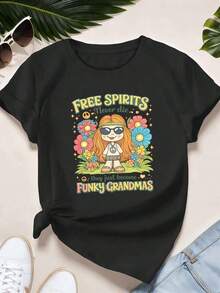 FreeSpirit FunkyGrandma Graphic T-Shirt, 100% Cotton, Loose Fit, Comfortable Fit, Casual Style, Unique Graphic Print. 100% Cotton Blouses. - 黑色 - 查看 3