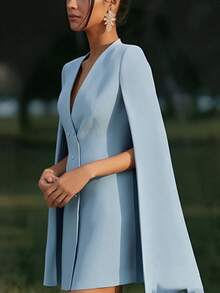 Plain Blazer Dress With Shawl Cape, Elegant Office Style, Spring 2026 - 藍色 - 查看 1