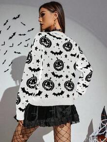 Suéter de mujer con estampado de calabaza y murciélago de Halloween, jersey de punto de otoño e invierno - Multicolor - Ver 2