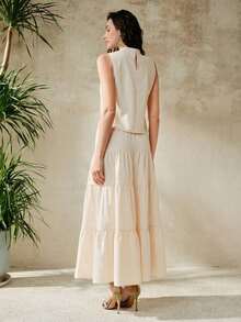 Conjunto de 2 piezas de top sin mangas elegante para vacaciones y falda casual tejida para mujer - Albaricoque - Ver 2