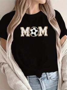 [Nueva Llegada] Camiseta Impresa con Patrón de Mamá de Fútbol para el Día de la Madre, Casual para Mujeres, Vacaciones, Manga Corta Cuello Redondo, Primavera Verano, Lavable a Máquina, Nueva Moda Femenina, Versátil para Ropa de Calle, Ropa Deportiva de Invierno para Mujeres-Vintage Street Style Unisexoose Cotton Short Sleeve Crew Neck T-Shirt - Negro - Ver 1