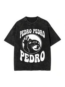 Vintage-Inspired Raccoon Print T-Shirt - Short-Sleeve Cotton Tee, All-Season Urban Casual Wear, Pedro, Washed, Hip Hop Style, Plus Size JY2R - 黑色 - 查看 9