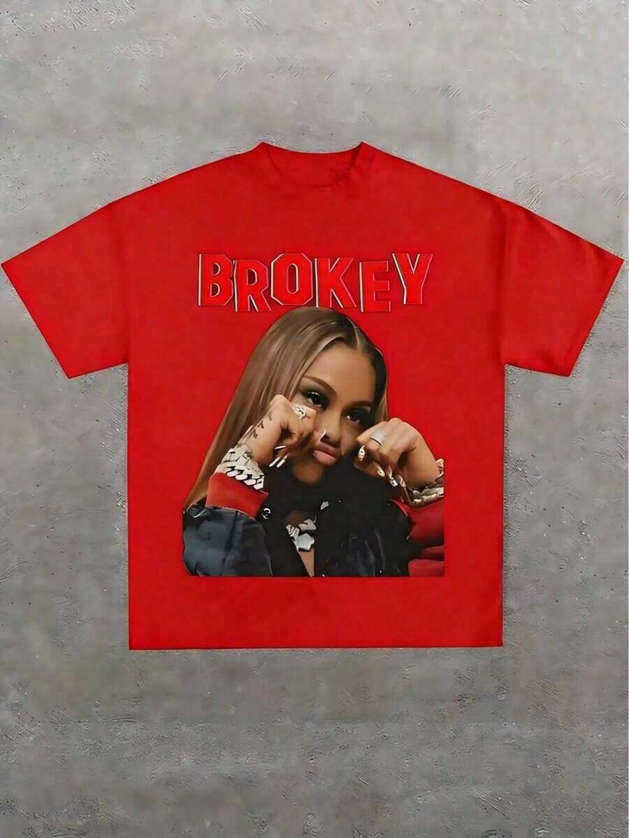 Loose-Fitting Short-Sleeved T-Shirt With A Hip-Hop Print, Casual, Made Of 220g Pure Cotton, Perfect For Summer. Suitable As A Gift. Women's T-Shirt. Blouses > Stylish. Boho Chic. Soft, Breathable, And Comfortable Women's Top, Ideal For Spring, Summer, And Autumn, Perfect For Vacations, Travel, And Everyday Wear. - 紅色 - 查看 1