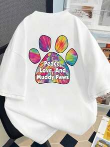Rainbow Color Gradient Paw Print Pattern, Fun Double-Sided Print, 100% Pure Cotton, Women's Short-Sleeved T-Shirt, Loose And Casual, Soft And Comfortable, Hong Kong And Korean Fashion Style, Suitable For Daily Wear, Couple Sets, Unisex, Ideal For Travel. - 白色 - 查看 2