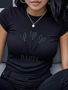 Women's T-Shirt Made Of Pure Cotton, Casual Loose Style, With Darts Logo Design, Short Sleeves And Round Neck, Unique Darts Sports Theme Design, Fashionable And Stylish, Urban Style, Casual And Versatile, Suitable For Sports Enthusiasts, Competitions, Leisure And Entertainment, Meetings, And As A Gift For Friends. - 黑色 - 查看 1
