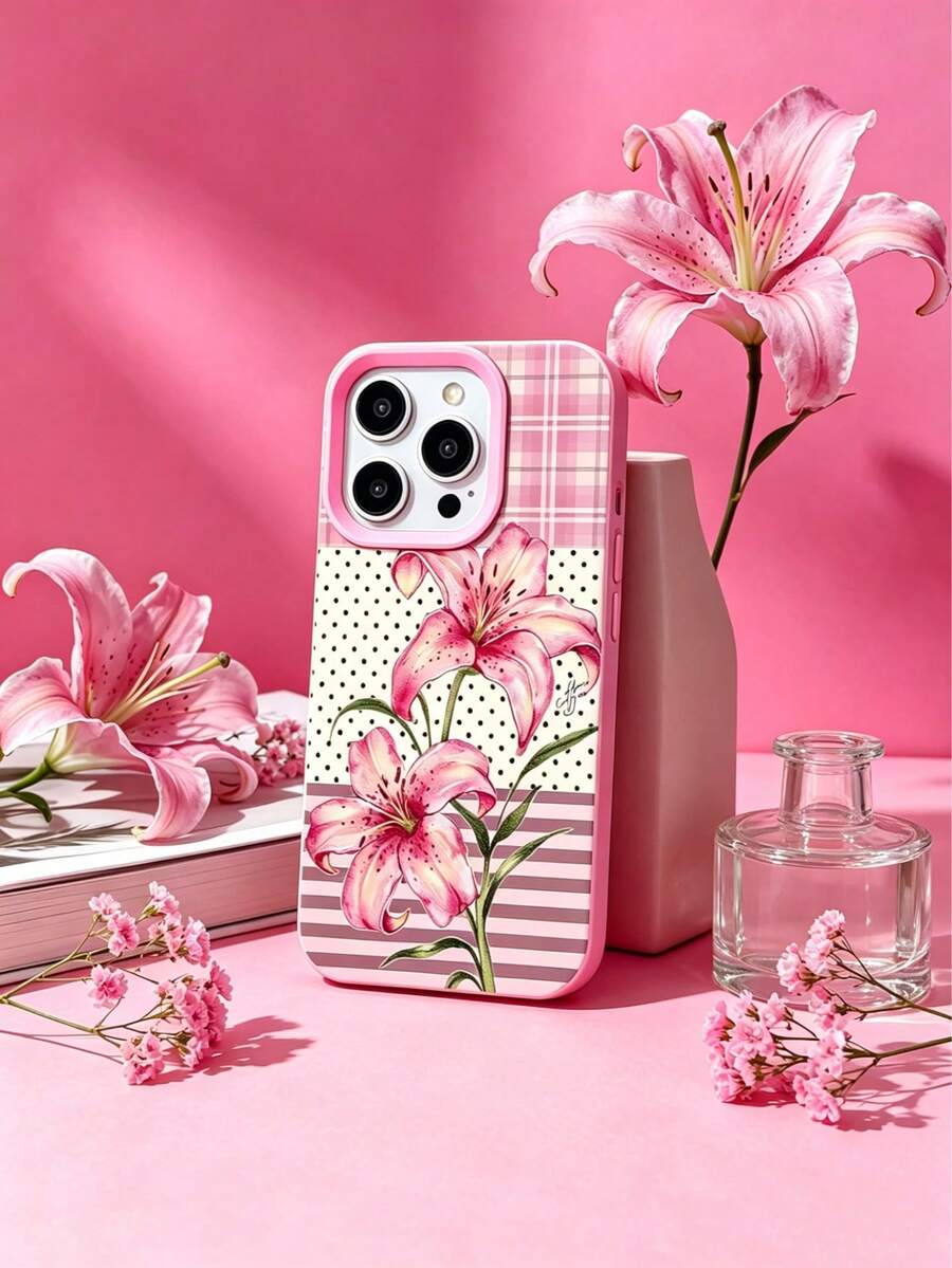 1pc Fashionable Personalized Pink Lily, Polka Dot, Striped, Plaid Pattern Liquid Silicone Shockproof Anti-Fingerprint Phone Case, Compatible With IPhone 17/16/16Pro/16Plus/15/15ProMax/15Pro/11/12/13/14ProMax/11Pro/11ProMax/12Pro/12ProMax/13Pro/13ProMax/14Pro/14ProMax, Elegant Soft Cover - Multicolor - View 1