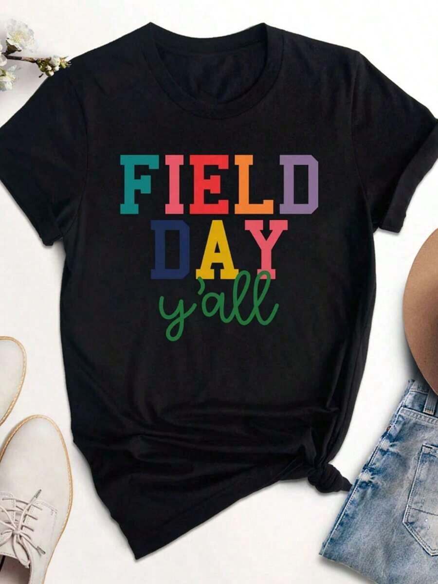 Camiseta de Mujer de 180g de Peso Pesado - Negra con Estampado de Letras en Bloques Multicolor "Field Day Y'all", Cuello Redondo, Manga Corta, Tela Opaca y Duradera, Ropa Casual de Verano, Regalo para el Día del Maestro/Día del Padre, Lavable a Máquina (Rosa/Amarillo/Morado/Azul/Verde/Naranja/Rojo/Cian/Rosa) - Divertido Patrón Geométrico, 100% Suave y Cómoda, Silueta en H, Versátil para Todas las Temporadas, Ideal para el Hogar, Viajes y Estilo Casual Activo, Camiseta de Mujer de Manga Corta con Estampado a una Cara.blusas para dama - Negro - Ver 1