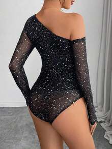 Body de manga larga con hombros transparentes y estampado de leopardo para mujer - Negro 2 - Ver 2