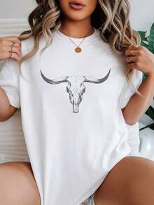 Camiseta Vintage con Calavera de Vaca Estilo Bohemio Occidental Elegante para Mujer, Estilo Casual Urbano Hip-Hop a la Moda, Top de Verano para Mujer. Hecho de tela de algodón suave y transpirable de alta calidad, que proporciona comodidad durante todo el día para uso diario casual, vacaciones y estilo urbano. 100% algodón. - Blanco - Ver 5