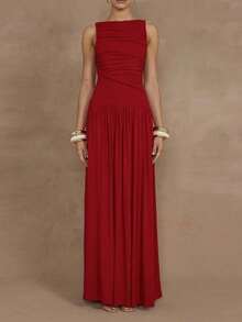 Long, Plain Dress, Spring 2026, Sleeveless, Pleated, Fitted, Elegant. - 紅色 - 查看 1