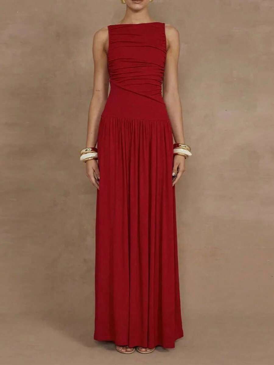 Long, Plain Dress, Spring 2026, Sleeveless, Pleated, Fitted, Elegant. - 紅色 - 查看 1