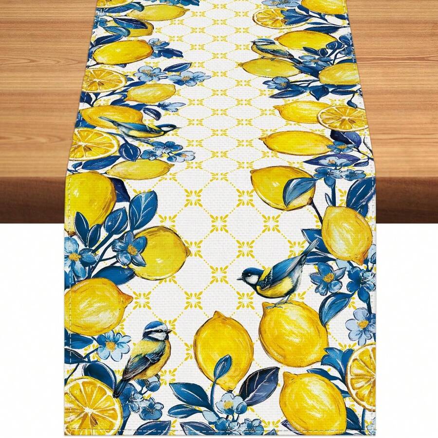 1pc Summer Lemon Bird Tablecloth, Blue Floral Coarse Linen Tablecloth, Geometric Pattern Seasonal Coffee Table Center Decor For Home, Kitchen, Dining Room, Party, Indoor & Outdoor - Blue - View 1