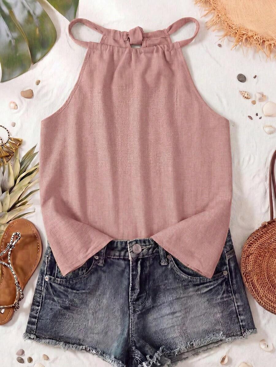 Camiseta de tirantes de algodón de unicolor y versátil para mujer, adecuada para primavera y verano - Rosa Pálido - Ver 1