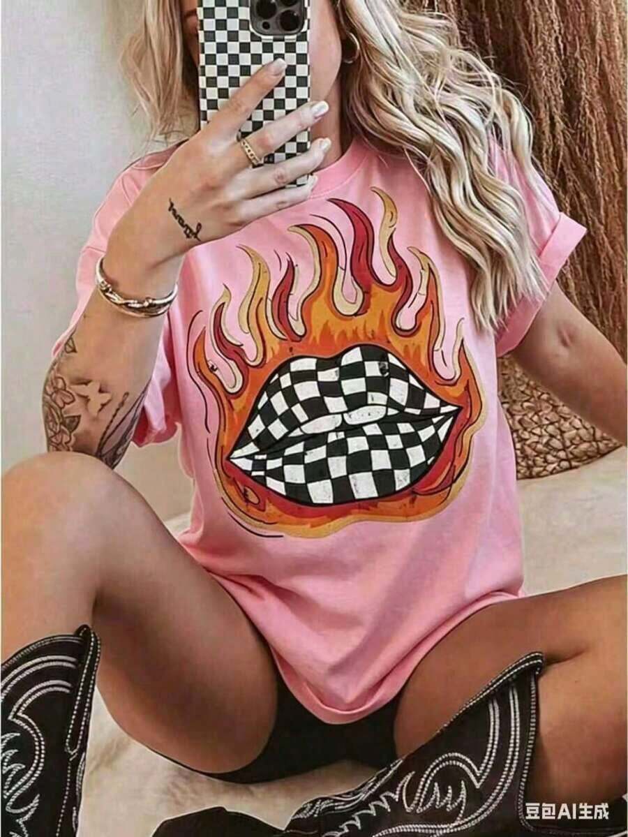 Western Style Plaid Lip Print T-Shirt, Oversized Graphic Tee For Country Concerts, Western Clothing, Retro Country T-Shirt, Funny Graphic Tees For Men And Women, Casual Crew Neck Loose Fit T-Shirts, Casual Short Sleeve T-Shirts For Men And Women. - 粉色 - 查看 1