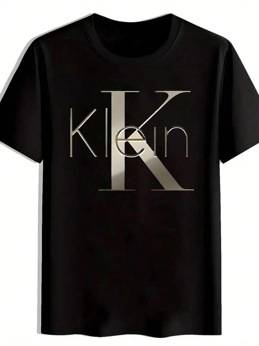 Klein Logo Print T-Shirt - Black With Gold Lettering, Casual Short Sleeve Crew Neck Summer T-Shirt, Iconic Brand Design For Casual Outfits, Machine Washable (Ideal Gift) - Signature Klein Brand Style, A Short Sleeve T-Shirt Suitable For Home, Daily Wear, Parties And Travel - Perfect As A Gift For Friends Or Family. - 黑色 - 查看 1