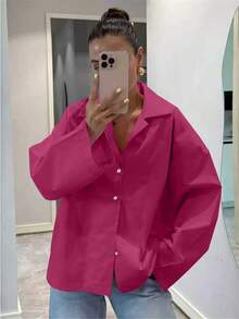 Camisa de manga larga con botones para mujer, blusa elegante casual de moda vintage color fucsia, primavera/verano - Rosa Fucsia - Ver 2