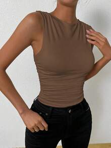 Camiseta de tirantes ajustada con cuello de tripulación y pliegues de unicolor de verano para mujer - Café integral 2 - Ver 5