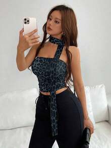 Top bandeau drapeado con estampado de leopardo y bufanda, para salir - Gris Claro - Ver 5
