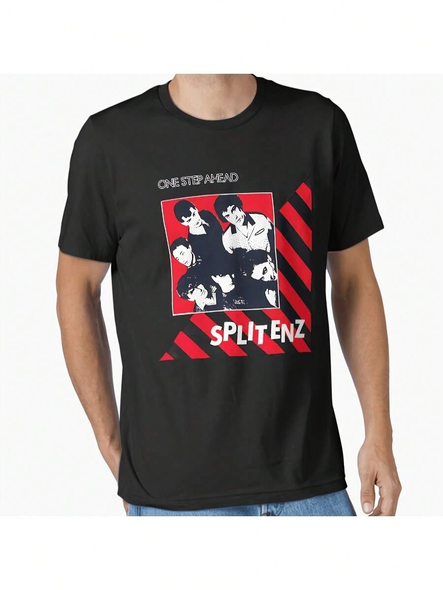 Men's And Women's Split Enz One Step Ahead T-Shirt With Iconic Print. Soft And Versatile, This All-Season Casual Essential Is Perfect For Everyday Wear And Makes A Great Gift For Fans And Friends. Its Crisp, Streamlined Cut Creates A Clean And Vibrant Look. The Relaxed Yet Flattering Silhouette Suits All Body Types, Offering A Style That's Both Casual And Sophisticated. - 黑色 - 查看 1