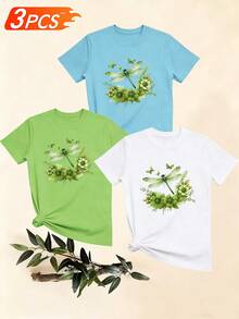 Women's T-Shirts, Women's T-Shirts, Casual One-Piece T-Shirt With Dragonfly And Flower Print, Comfortable And Breathable Women's Top. - 1件黑色隨機圖案 - 查看 6
