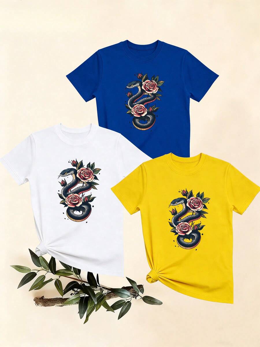 Women's T-Shirts, Women's T-Shirts, Casual One-Piece T-Shirt With Snake And Rose Print, Comfortable Cotton Top With Round Neck And Short Sleeves, Unique And Fashionable Outfit. - 1件白色隨機圖案 - 查看 1