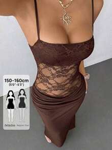xheSHEIN PETITE Vestido transparente con tirantes de encaje para mujer, apto para uso en fiestas, citas y festivales, adecuado para otoño e invierno, puede usarse como capa interiorxhe - Café integral - Ver 8