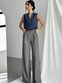 Blusa de cuello en V elegante y chic para oficina con diseño simple y detalles femeninos, blusas sin mangas - Azul marino 2 - Ver 4