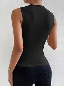 Camiseta sin mangas de corte slim con pliegues de unicolor minimalista para uso diario en verano para mujeres - Negro - Ver 2