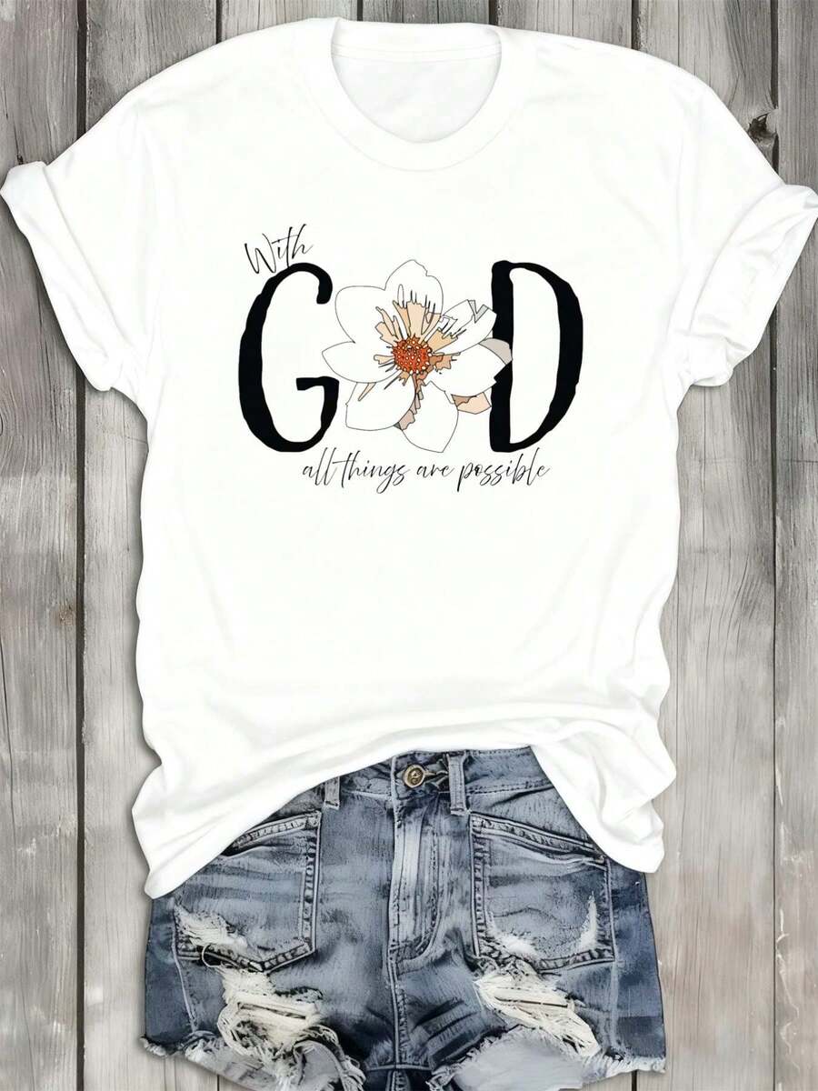 Women's T-Shirt "Faithful Blossoming Inspirational 'With God All Things Are Possible'" - 100% Comfortable Color 180gsm, Casual Crew Neck, Short Sleeve With Floral And Faith Print, White Christian Clothing For Casual Wear, Christmas Gifts, Comfortable Fit For All Year Round - 白色 - 查看 1