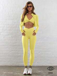 Sport Leggings ajustados de cintura contorneada y cruzada para actividades, pádel, tenis, pickleball, gimnasio, fitness, pilates y uso casual diario - Amarillo - Ver 6