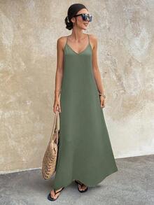 Vestido largo elegante de mujer con tirantes finos, espalda descubierta y lentejuelas, adecuado para fiestas, bodas, playa y vacaciones, color negro, para verano - Verde militar - Ver 4