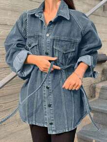 Jeans casuales de mujer con ajuste holgado, lavado desgastado y bajo con abertura, ropa de otoño, chaqueta de jeans de manga larga para mujer - Celeste - Ver 4