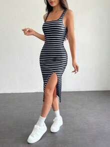 Vestido básico de verano para mujer con tirantes con rayas y abertura lateral - Azul marino - Ver 4