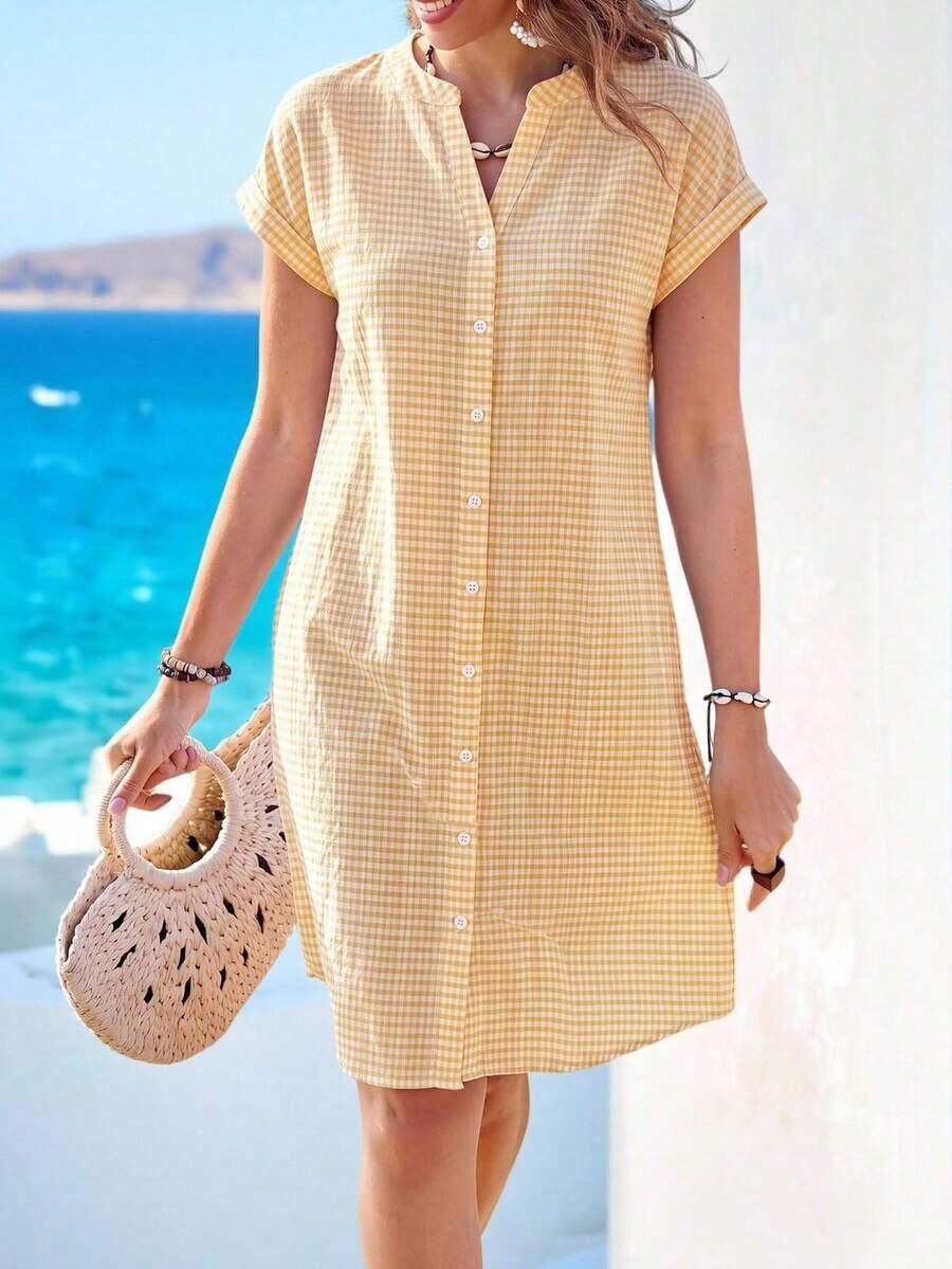 Vestido camisero de verano para mujer, de manga corta, cuello en V y rayas, hasta la rodilla, vestidos de verano para mujer, vacaciones - Amarillo - Ver 1