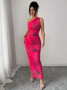 Vestido de noche de lujo para mujer, vestido sexy sin mangas con cuello asimétrico y estampado de teñido anudado - Rosa Roja - Ver 6