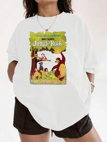 Ilustración colorida con personajes de animales del bosque tropical que transmiten energía y amistad mostrando un ambiente alegre y aventurero camiseta de mujer  cómoda casual moderna adecuada para uso diario - Blanco - Ver 1