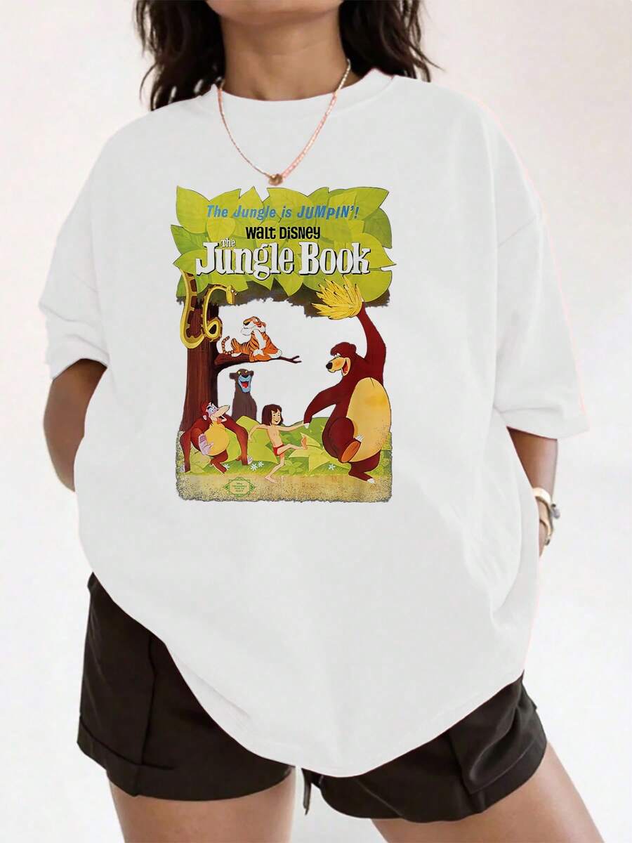 Ilustración colorida con personajes de animales del bosque tropical que transmiten energía y amistad mostrando un ambiente alegre y aventurero camiseta de mujer cómoda casual moderna adecuada para uso diario - Blanco - Ver 1