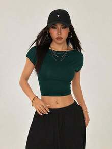 Camiseta negra con espalda abierta, adecuada para talla pequeña, para verano - Verde Oscuro - Ver 7