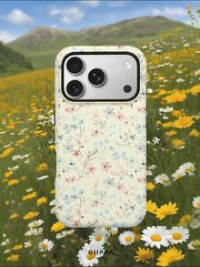 奶油黃與碎花圖案 2 合 1 光澤質感手機殼，相容於 Phone 17、16、15、14、13、12、11、PRO MAX、PLUS - 乳黃色 - 查看 6