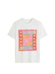 Camiseta Oversize para Mujer con Estampado Gráfico de Sol, Estrellas y Cuadros, Estilo Boho Y2K, Ropa Casual Urbana de Manga Corta y Cuello Redondo, Top Vintage Retro de los 70s con Estampado Hippie, Atuendo para Vacaciones de Verano en la Playa, Uso Diario, Citas, Fiestas, Moda Festiva para Adolescentes, Camiseta Gráfica Holgada y Moderna para Mujeres Jóvenes. TU2F - Blanco - Ver 2