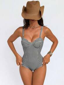 Traje de baño de una pieza con control de abdomen, con cordón, espalda descubierta, a rayas azul y blanco, con efecto push-up, para playa, resort y fiesta - Blanco y Negro 2 - Ver 6